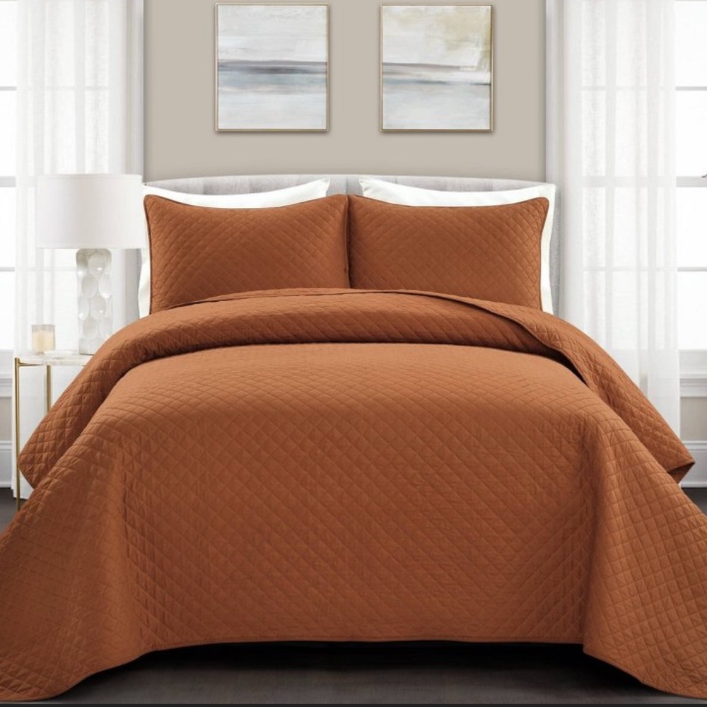 3pc Full/Queen Ava Diamond Oversized Quilt Set Rust